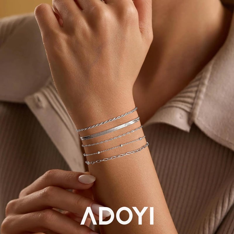 adoyi أساور ذهبية للنساء، أساور قابلة للتكديس مطلية بالذهب عيار 14، مجموعة أساور قابلة للتعديل مع سحر، سلسلة ورقية، سلسلة كوبية، مجوهرات طبقية مقاومة للماء، هدايا للنساء 6.0/6.8/7.2 - Image 2